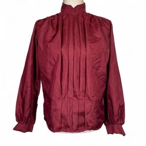 Vintage 70s 80s Handmade Pleated Blouse Top Size Large L XL Red Maroon High Neck